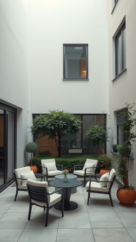 A modern minimalist courtyard garden with functional outdoor seating, featuring stylish chairs and a table surrounded by greenery.