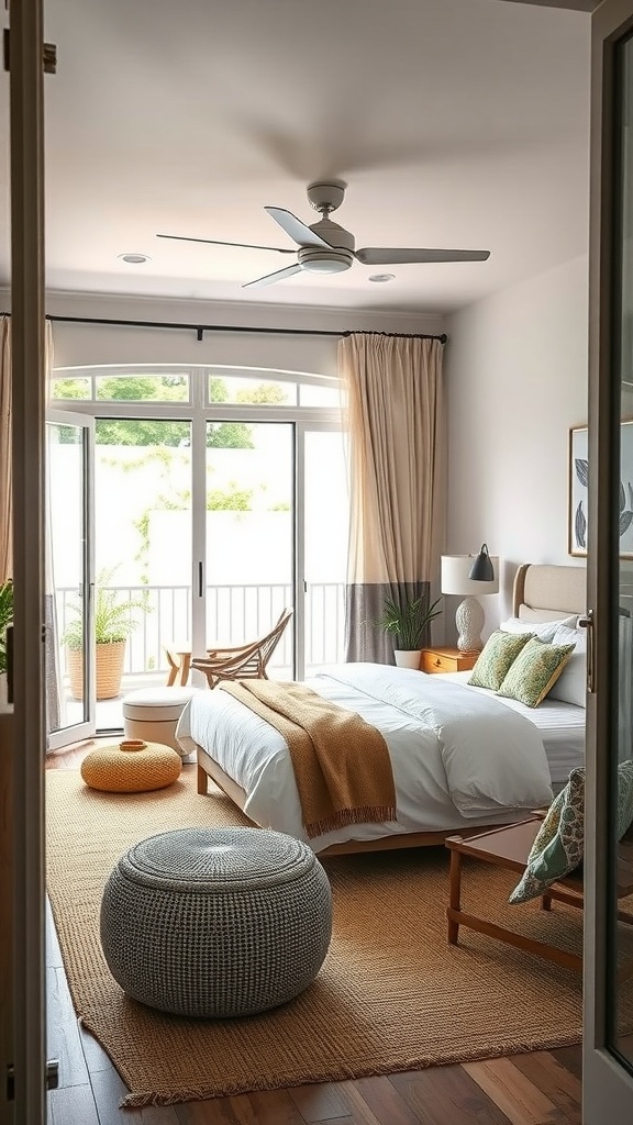 A bright bedroom with large windows, featuring a cozy bed, a stylish chair, and a connection to an outdoor space.