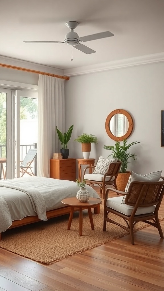 A cozy summer bedroom with large windows, natural light, and stylish furniture, featuring a bed, chairs, and plants.