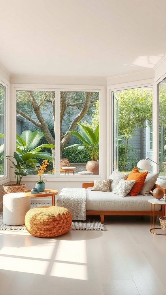 A bright living room with large windows showcasing outdoor greenery, featuring cozy seating and warm accents.