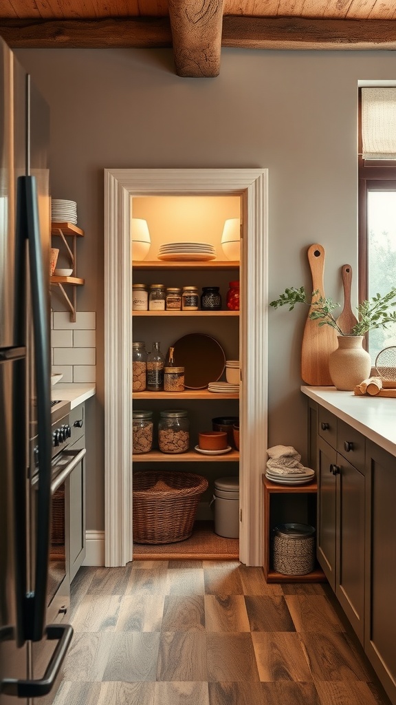 A cozy and organized pantry nook in a kitchen with shelves and baskets.