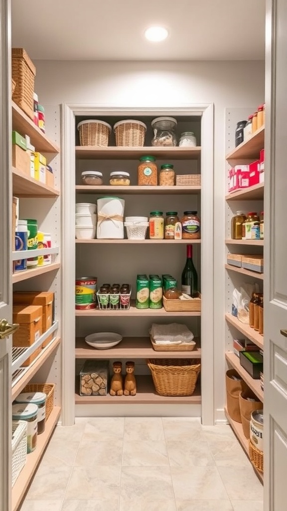 Organized pantry with shelves displaying jars, baskets, and various food items.