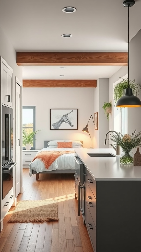 A modern kitchen with a pass-through design connecting to a cozy bedroom area.