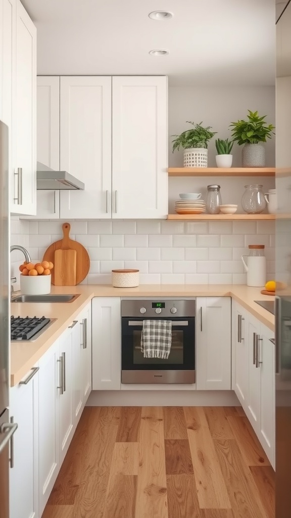 A modern kitchen with white cabinets, wood accents, and open shelving displaying jars and plants.