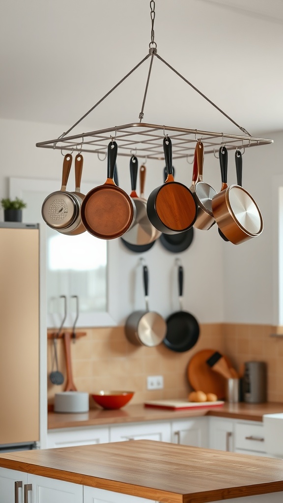 Overhead pot rack with various pots and pans hanging in a farmhouse-style kitchen.