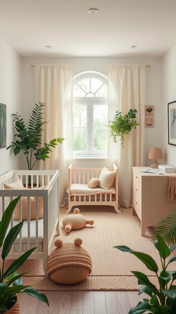 A neutral nursery featuring a crib, a small bench, a dresser, and plants, creating a functional and inviting space.
