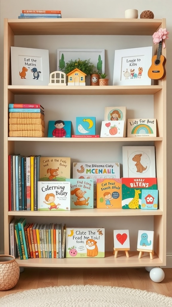 A children's bookshelf filled with colorful books, decorative items, and playful artwork, organized for easy access.
