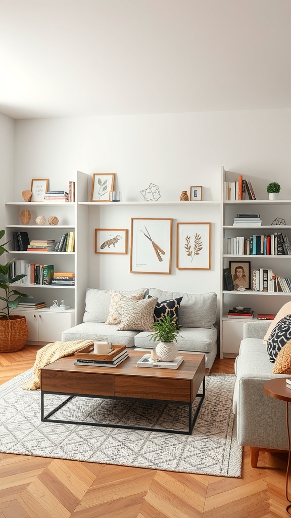 A cozy living room featuring functional shelving with books and decorative items.