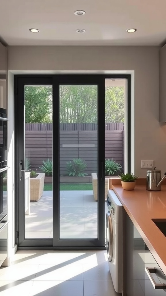Modern kitchen with a sliding window pass-through leading to an outdoor patio