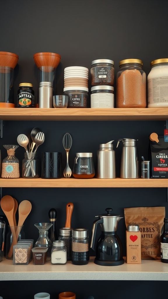 Well-organized coffee bar shelf with various bar tools and coffee supplies