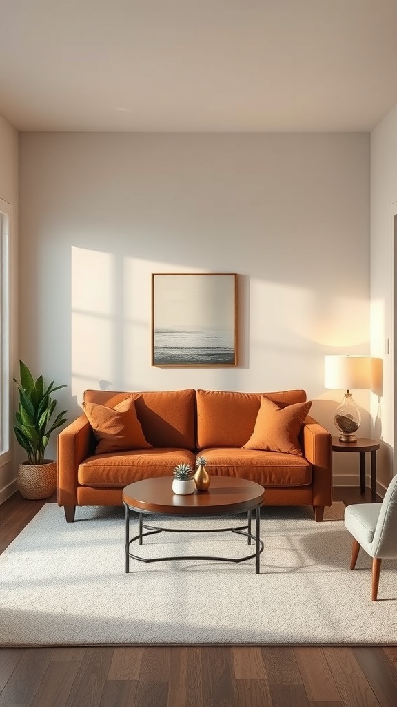 A cozy living room featuring a brown sofa, round coffee table, and plants, designed for small spaces.
