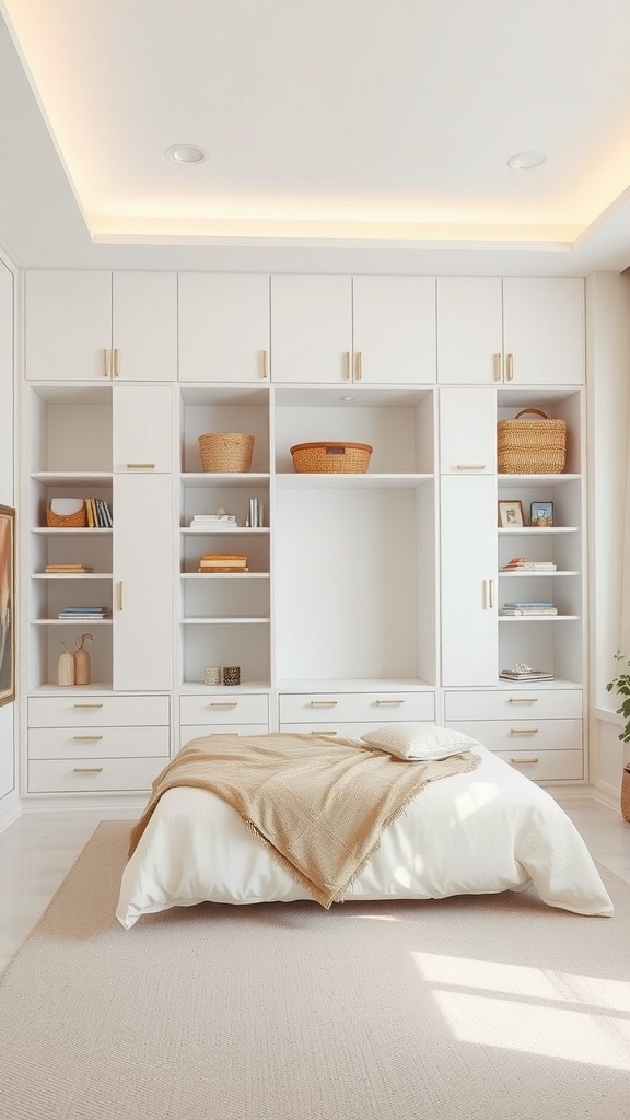Stylish white and beige bedroom featuring built-in storage with open shelves and closed cabinets.