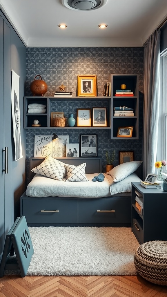 A stylish teenage boy's bedroom featuring a bed with storage drawers, wall-mounted shelves, and a cozy rug.