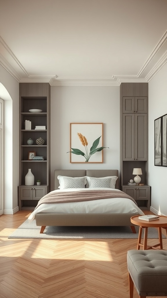 A cozy bedroom with built-in shelves and cabinets, showcasing functional storage solutions.