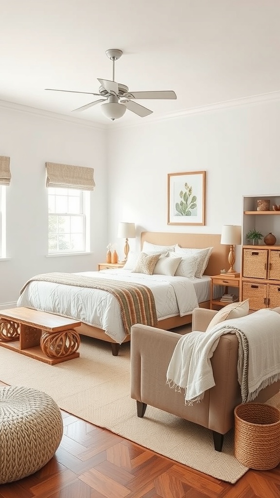 A cozy living room featuring a bed, stylish coffee table, and woven storage baskets.