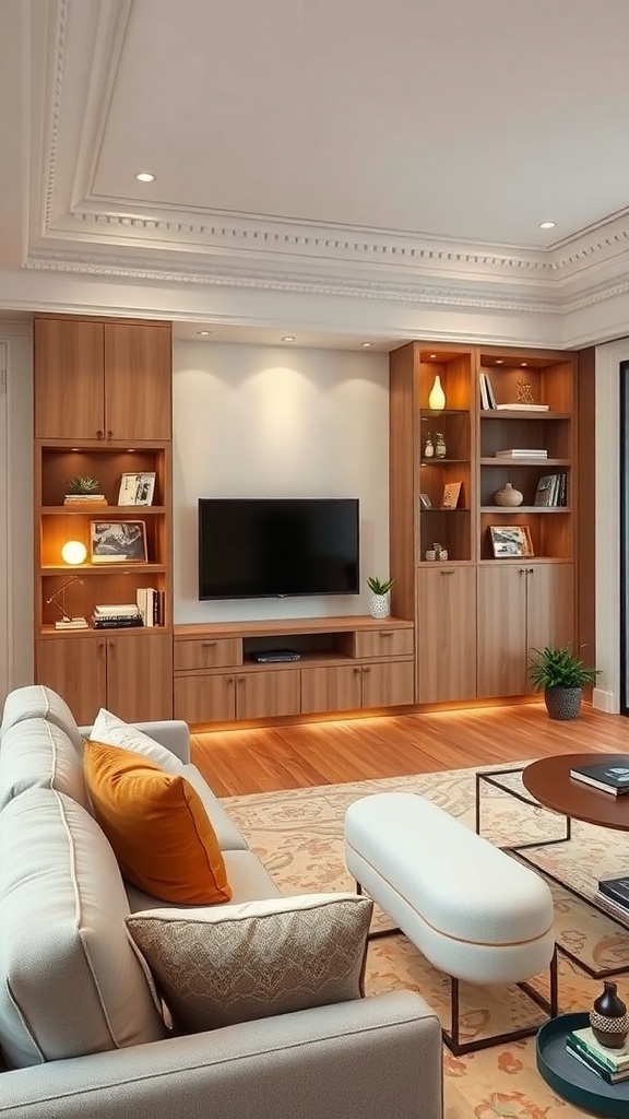 A stylish living room dining room combo featuring wooden shelving, a TV unit, and a coffee table with storage.