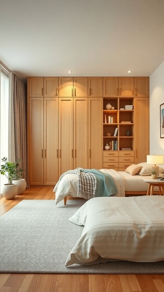 A serene Japandi bedroom featuring wooden cabinetry and two beds with a cozy rug.