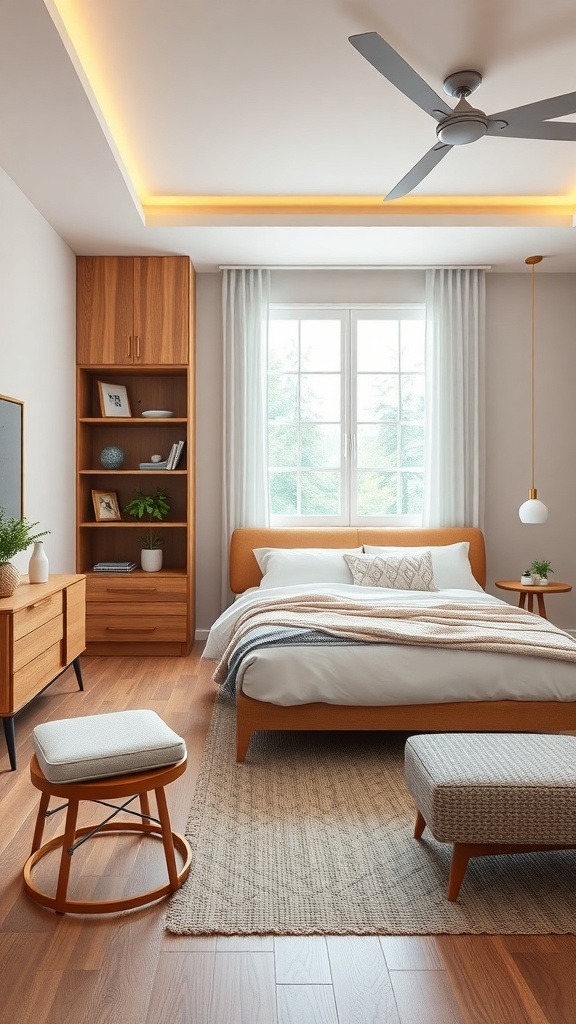 Mid-century modern bedroom featuring functional storage solutions with wooden furniture and decorative elements.