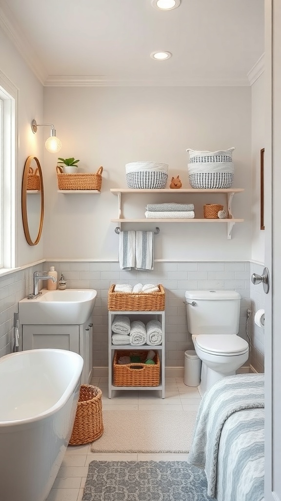 A stylish unisex kids bathroom featuring functional storage solutions with baskets and shelves.