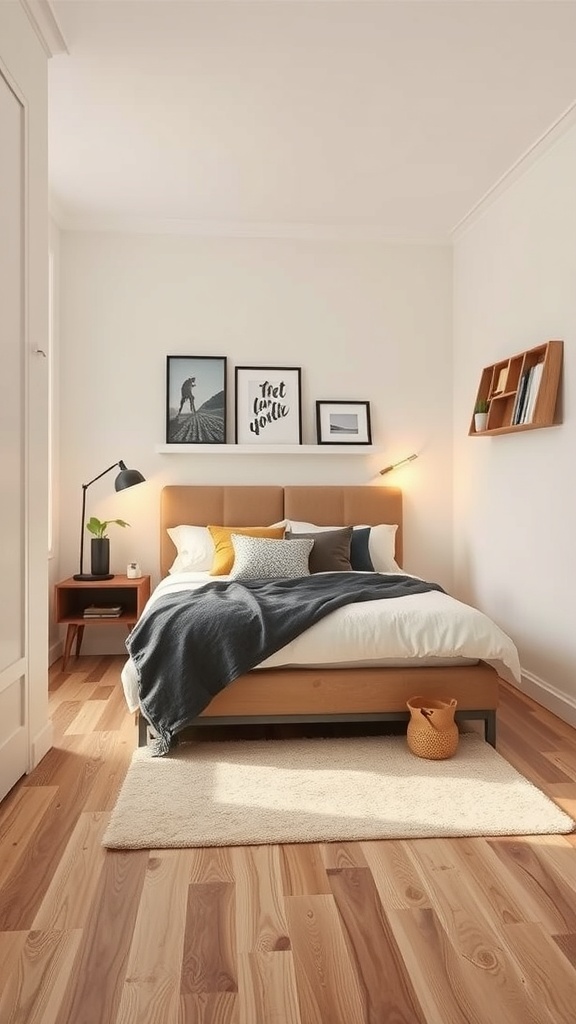 A small masculine bedroom featuring a bed with decorative pillows, a shelf with framed art, and functional storage solutions.