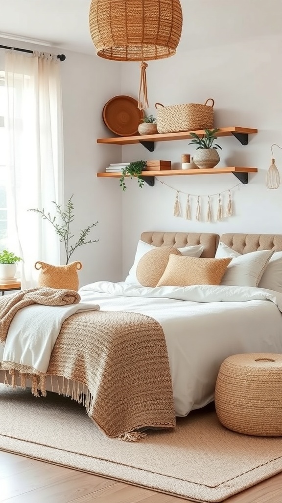 A Scandinavian boho bedroom featuring functional storage solutions with floating shelves, decorative baskets, and a round pouf.