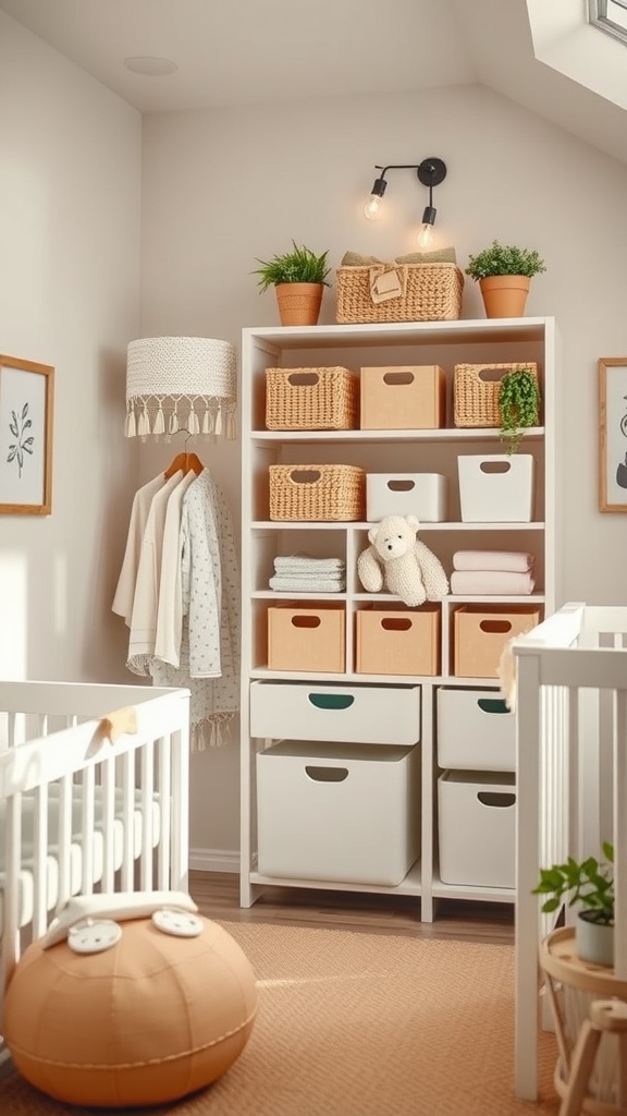 A neutral nursery featuring a functional storage solution with a white shelving unit, baskets, and a cozy atmosphere.