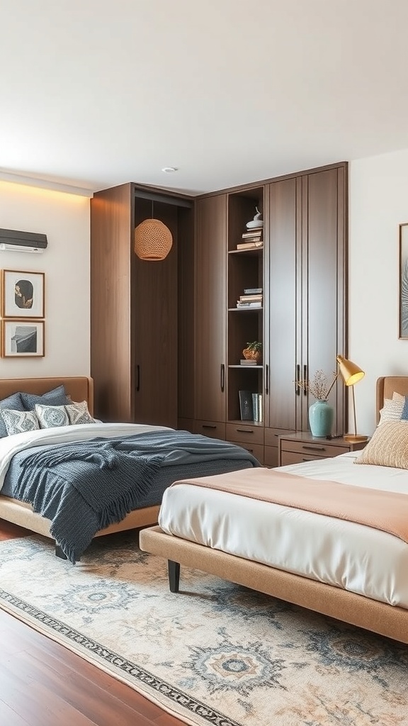 A stylish bedroom featuring two beds and a built-in storage unit, showcasing functional storage solutions.