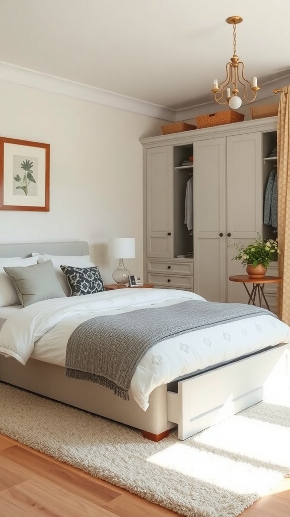 Cozy cottage bedroom with functional storage solutions including a bed with drawers and a wardrobe with baskets.