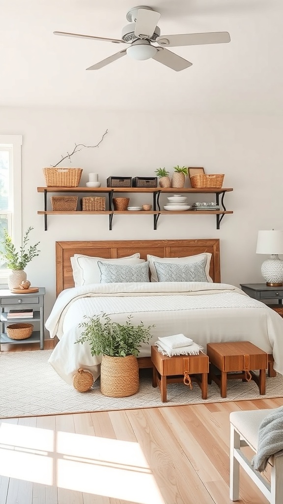 Cozy farmhouse bedroom with functional storage solutions including open shelves, wooden stools, and woven baskets.