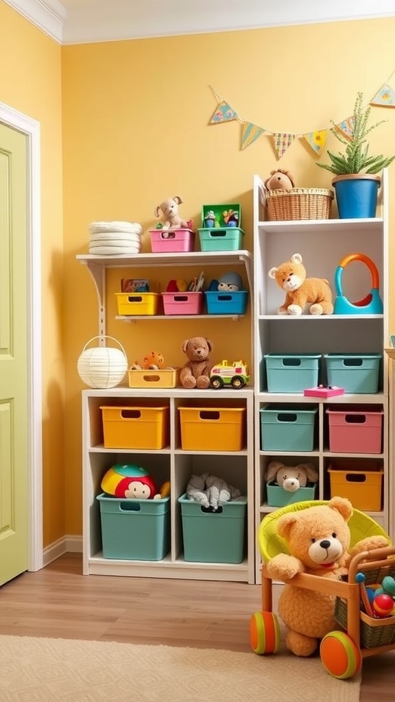 A brightly colored nursery with functional storage solutions, featuring shelves with bins and plush toys.
