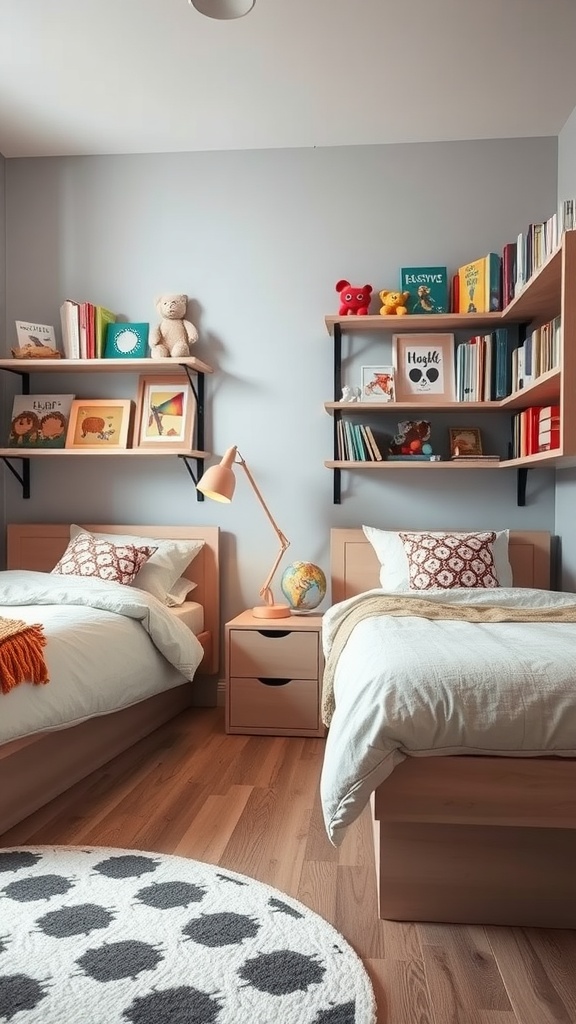 Shared bedroom with twin beds featuring wall-mounted shelves and a cozy rug