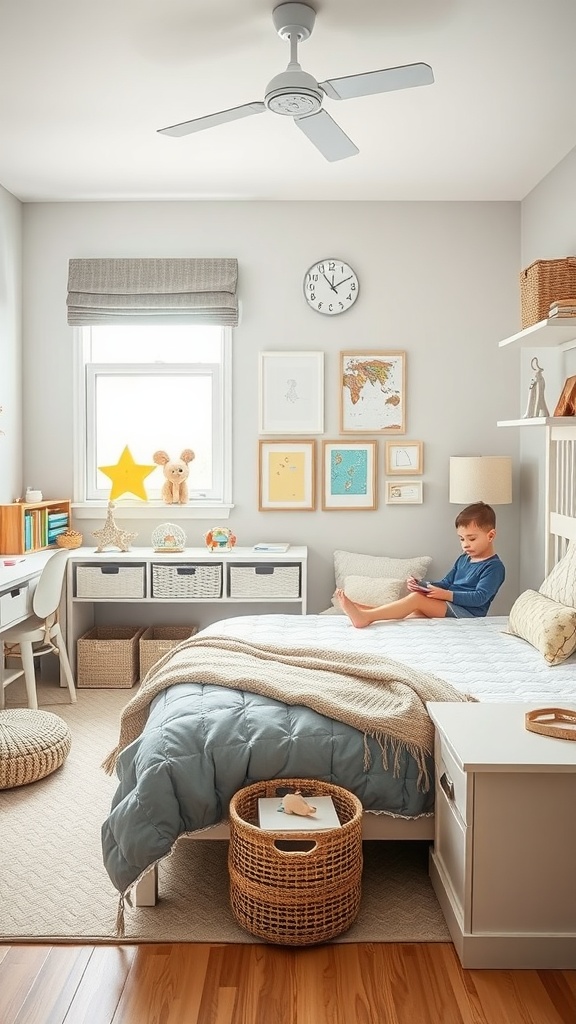 A cozy kindergarten bedroom showing smart storage solutions with baskets and shelves.