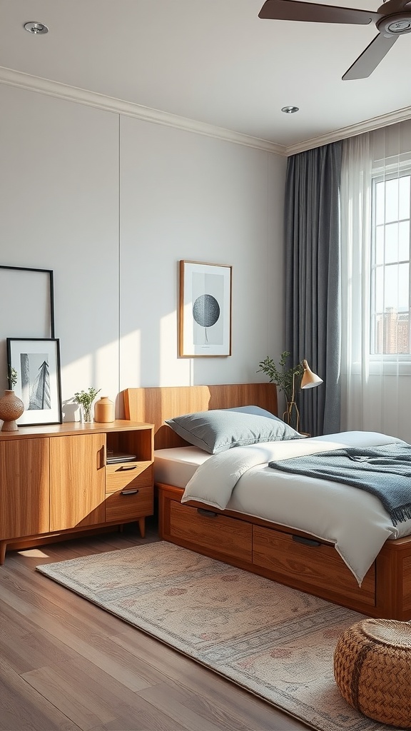 A cozy bedroom featuring wooden furniture, a bed with storage drawers, and a nightstand.