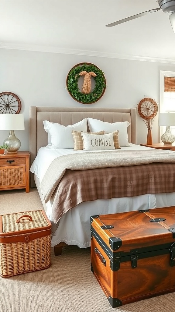 Cozy farmhouse bedroom with functional storage solutions, featuring a wooden trunk and woven basket.