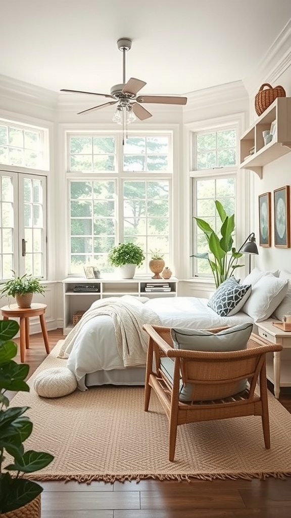 Bright sunroom with large windows, a bed, and stylish storage solutions