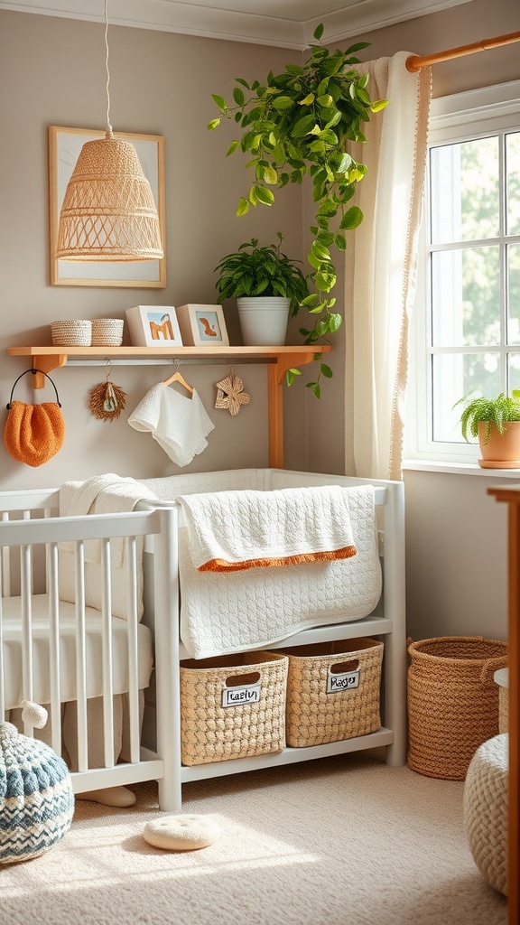 A cozy nursery with a crib, storage baskets, and plants, designed for twins