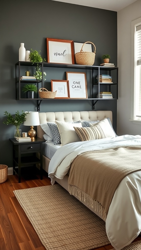 A stylish bedroom featuring functional storage solutions with a dark wall and light bedding.