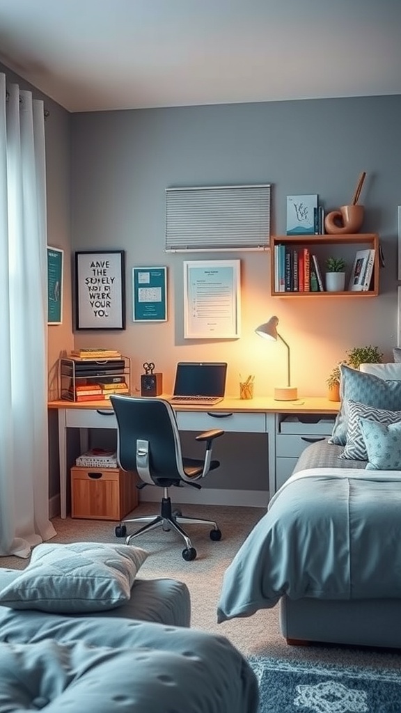 A cozy bedroom study corner featuring a desk, chair, and decorative shelves.