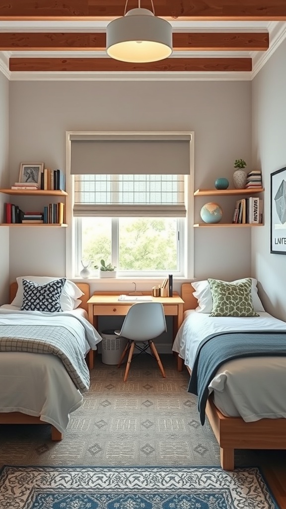 A shared bedroom featuring two twin beds and a functional study nook with a desk and shelves.