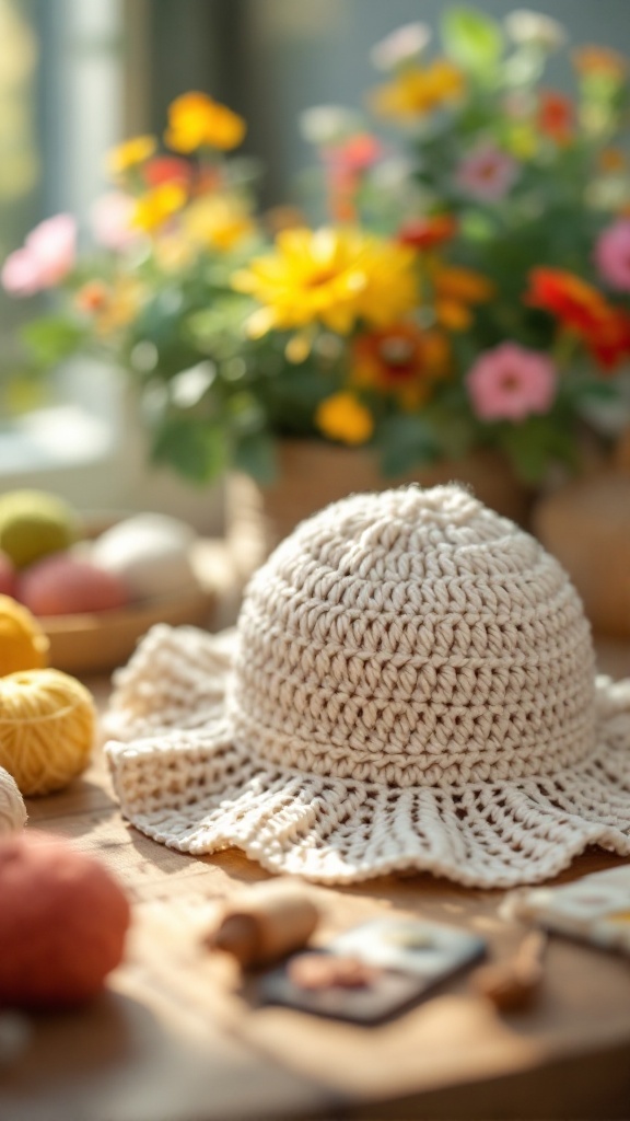 A crochet baby hat with a wide brim, placed on a table surrounded by colorful yarn and flowers.