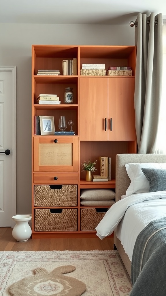 A terracotta storage unit in a bedroom featuring books, woven baskets, and decorative items.