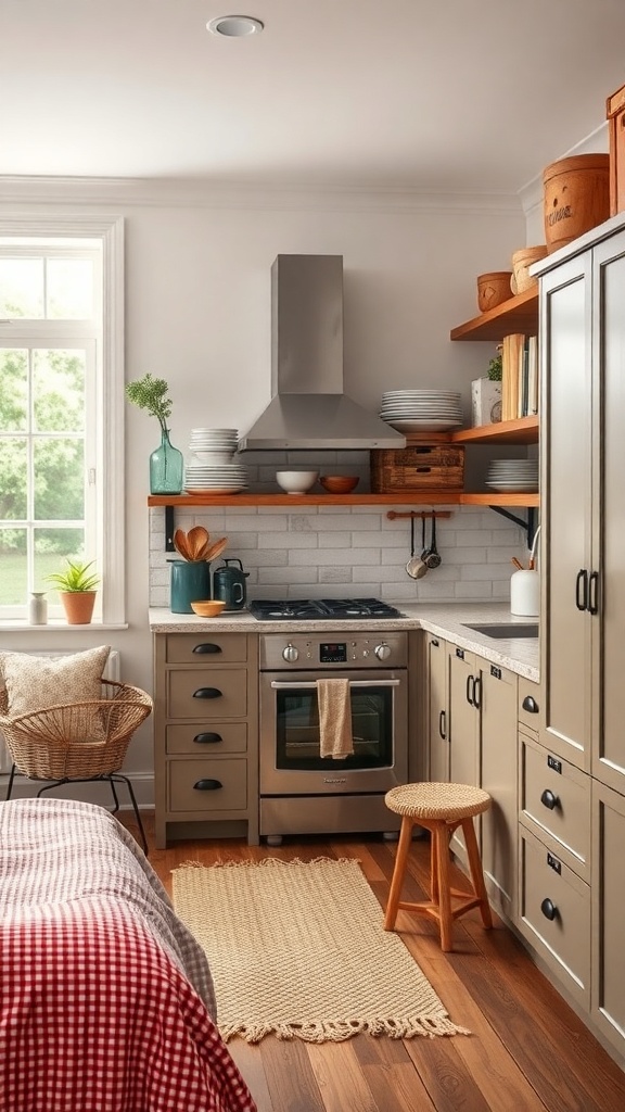 A cozy retro kitchen featuring open wooden shelves, vintage storage baskets, and modern appliances.