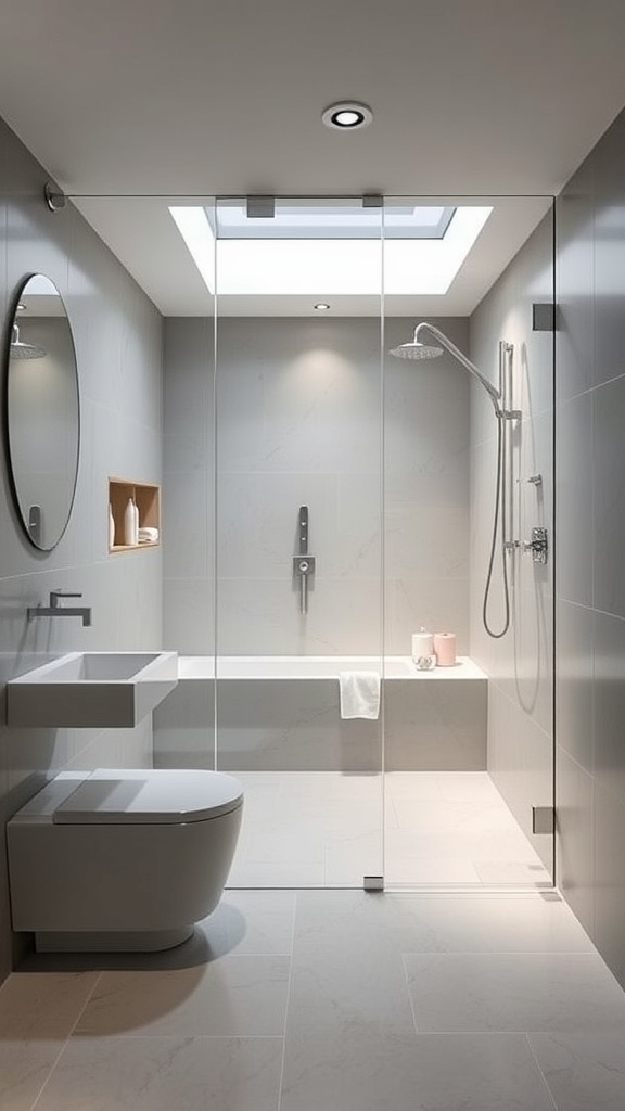 A modern wet room design featuring a glass shower, large tiles, and a skylight.