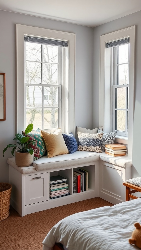 A cozy bedroom window seat with cushions and storage underneath, featuring books and a plant.