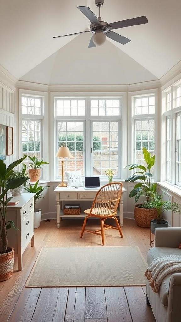 A sunroom with a desk, chair, and plants, creating a bright workspace.