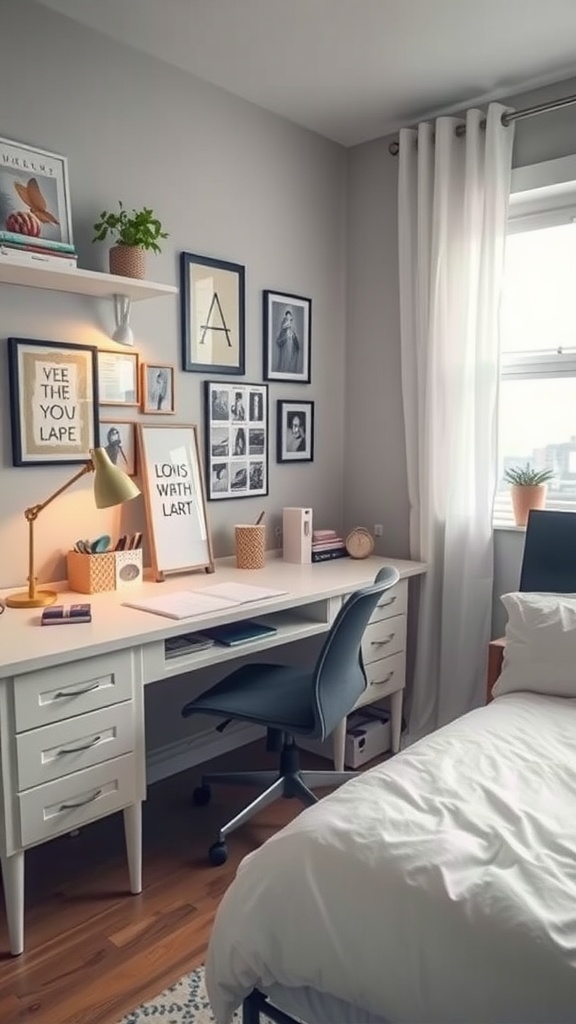 A cozy bedroom workspace featuring a desk, chair, decorative wall art, and natural light