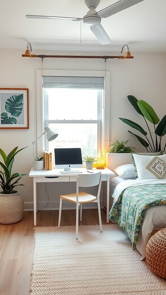 A tropical bedroom workspace corner featuring a white desk, computer, plants, and cozy decor.