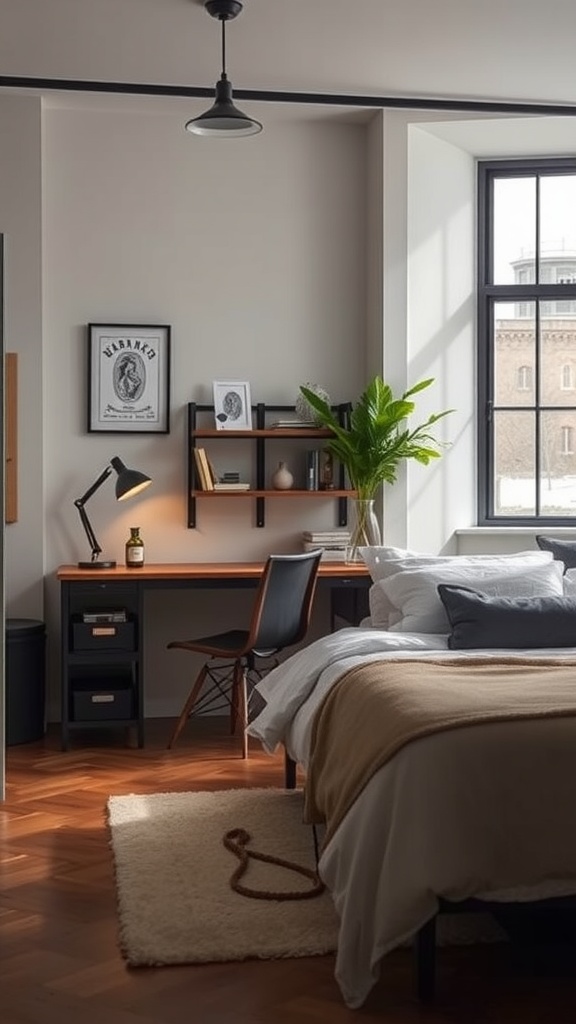 A cozy industrial bedroom with a functional workspace corner featuring a desk, chair, and potted plant.