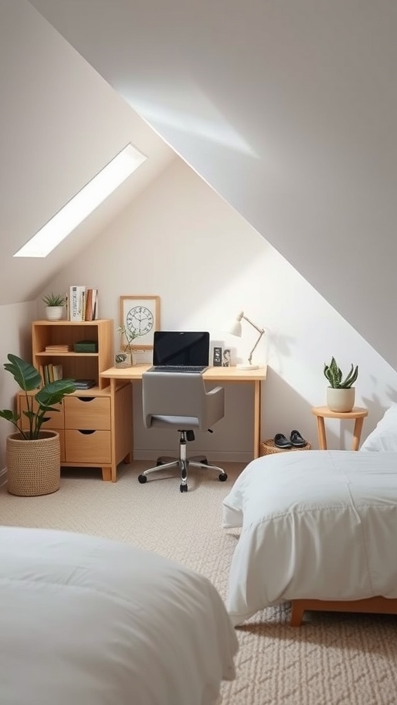A cozy bedroom corner with a desk, chair, and plants under a sloped ceiling.