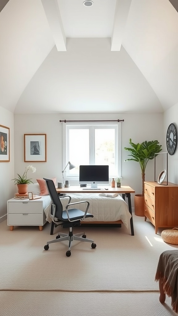 A bright loft workspace featuring a desk, chair, and decorative elements.